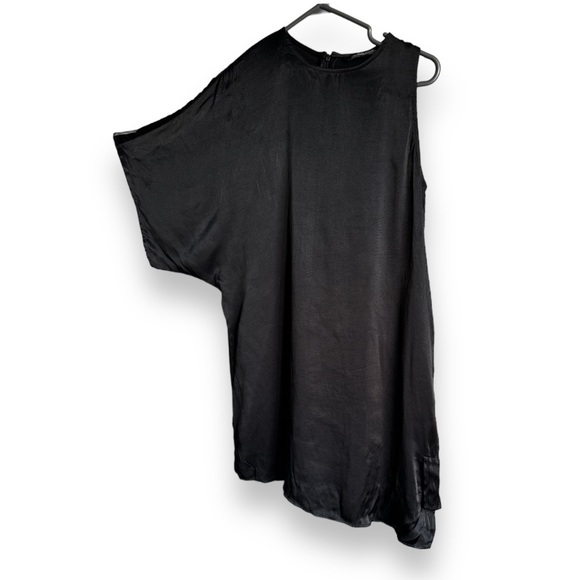 Zara Dresses & Skirts - ZARA WOMAN Black Satin Asymmetrical Short Sleeve One Shoulder Midi Dress